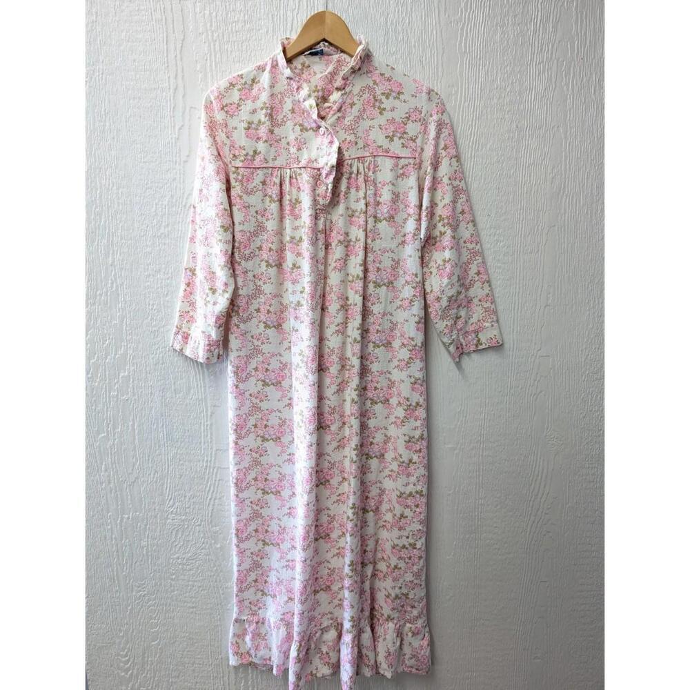 Vintage Sheila Anne Pink Floral Flannel 100% Cotton Long Nightgown Cottagecore S